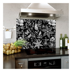 Panou bucatarie, protectie plita, aragaz, antistropire, print UV model Tapet Floral Alb Negru