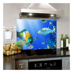 Panou decorativ bucatarie, sticla securizata, protectie plita, print UV, Pesti de Ocean