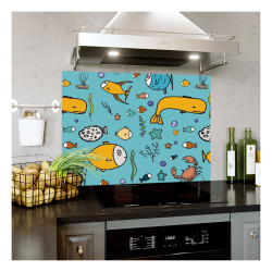 Panou decorativ bucatarie, sticla securizata, protectie plita, print UV, Desen Comic Pesti