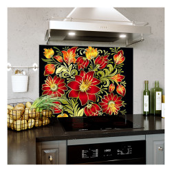 Panou bucatarie, protectie plita, aragaz, antistropire, print UV model Tapet Floral Negru cu Flori