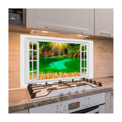 Panou antistropi bucatarie, sticla securizata, model cu fereastra Fundal Cascada Panou antistropi bucatarie, sticla securizata, model cu fereastra Fundal Cascada